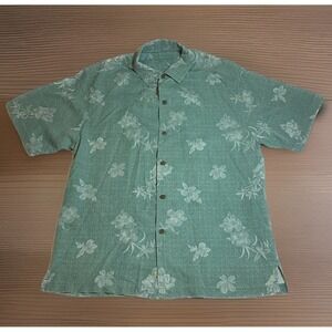 Tommy Bahama Mens Large Button Up Shirt Short Sleeve Green Hawaiian Silk Relaxed